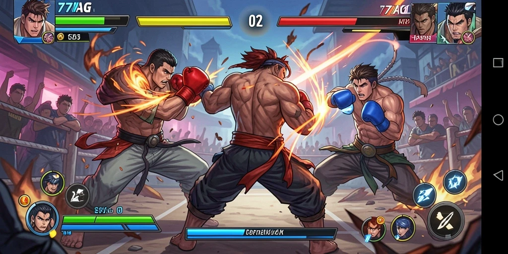 Tampilan gameplay seru dari 77AG dengan pertarungan intens.