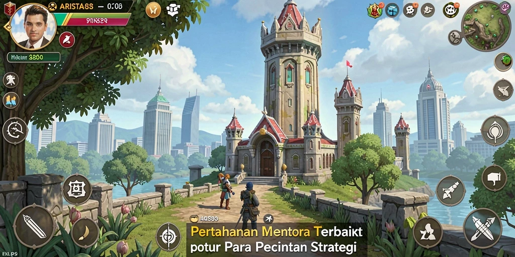 Tangkapan layar utama ARISTA88 menunjukkan aksi menara bertahan melawan gelombang musuh.