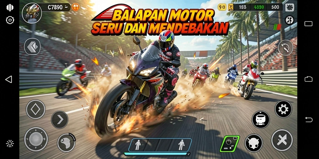 Gameplay C7890 dengan motor balap yang memukau dan adrenalin tinggi.