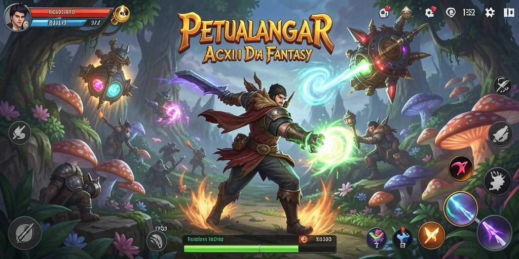 Screenshot F32 menunjukkan pertarungan epik dalam dunia fantasi.