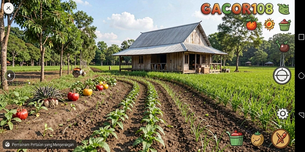 Screenshot gameplay GACOR108 menampilkan kebun yang subur dan tanaman yang beragam.