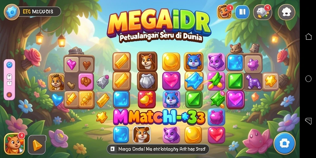 Tangkapan layar permainan MEGAIDR yang menunjukkan gameplay Match-3 yang mengasyikkan.