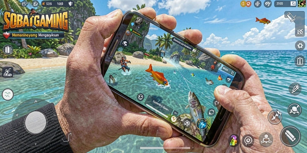 Gameplay seru dalam SOBATGAMING saat menangkap ikan.
