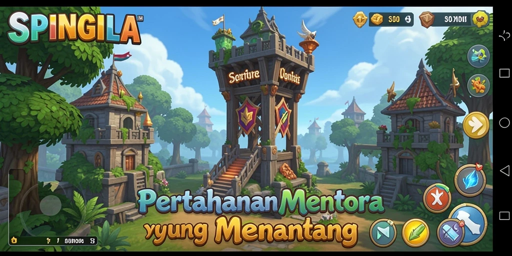 Tampilan menarik dari gameplay SPINGILA dalam pertahanan menara.