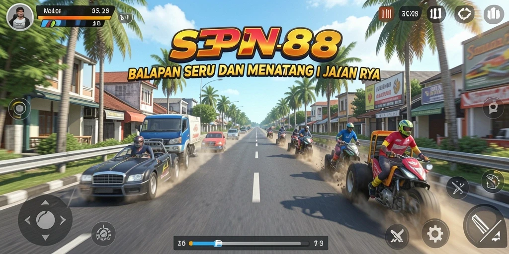 Tampilan gameplay SPN88 dengan mobil balap yang melaju kencang di trek.
