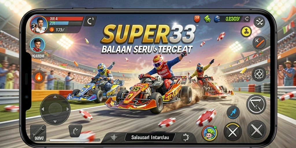 Gameplay SUPER33 menunjukkan kecepatan tinggi dan aksi balapan yang mendebarkan.