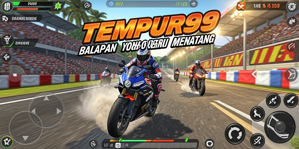 Tampilan gameplay TEMPUR99 yang mendebarkan dalam balapan motor.