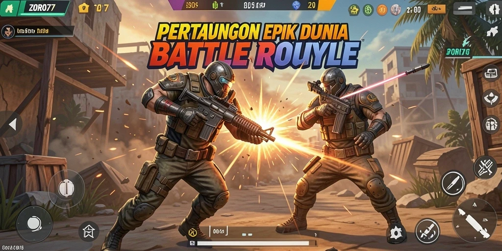 Gameplay mendebarkan ZORO77 saat pemain bertarung di arena Battle Royale.